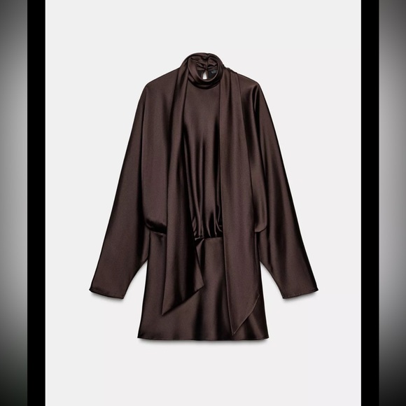 Zara SATIN EFFECT SCARF DRESS - brown 4661/215/702 - Picture 6 of 9